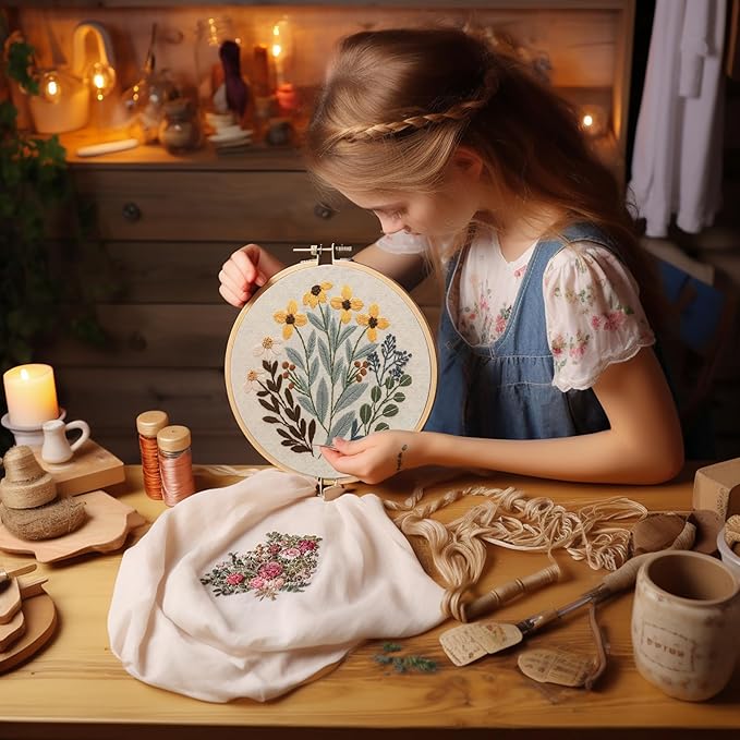 Bonroy 4 Sets Embroidery Set for Beginners, Art Craft, Easy Sewing, Includes Embroidery Clothing, Pattern, Embroidery Hoop, Instruction Manual, Colorful Thread Stitch Set (11)