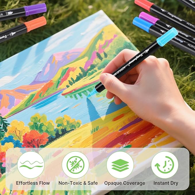 Tongfushop 120 Colors (12 Metallic) Acrylic Paint Marke, Dual Fine & Brush Tip Paint Pens, No Bleed & Quick-Dry with Case for Rock Painting, Canvas, Wood, Ceramic, Glass, Adult & DIY Art Supplies