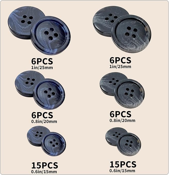 Assorted Buttons for Sewing Crafts,135Pcs 4-Hole Round Blazer Buttons, 5 Color (Brown Black Blue) 3 Size (15mm, 20mm, 25mm) Resin Button for Suit,Shirt,Coats,Clothes Sewing,DIY Craft