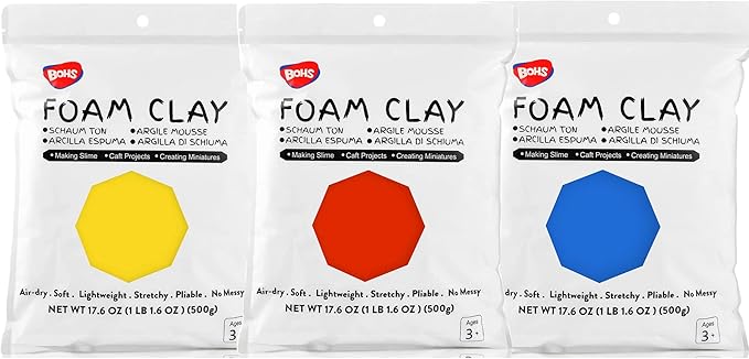 BOHS Primary Foam Clay (Red,Blue,Yellow),3pcs 3.3 Lbs - Squishy,Soft, Air Dry -for School Project,Cosplay,Fake Bake, Slime Supplies