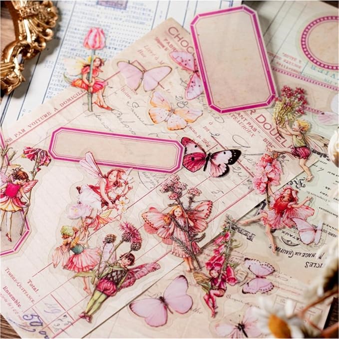 Vintage Flower Fairy Stickers 300Pcs Lot, Belebee 6 Packs Butterfly Fantasy Transparent Sticker for Scrapbooking Junk Journaling Paper Art Crafts Project Planner Album Diary Phone Cases Laptop Adult