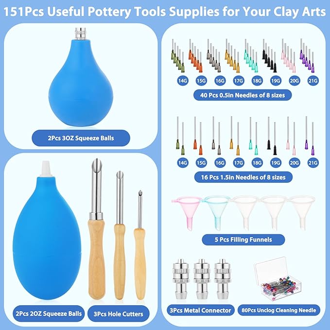 Jupwalz 151 Pcs Pottery Tools Supplies Ceramic Precision Applicator, 3 Ounce Slip Trailer Bottle and 8 Sizes Precision Needle Tip for Pottery Ceramic Glaze, Clay Tools and Supplies Set