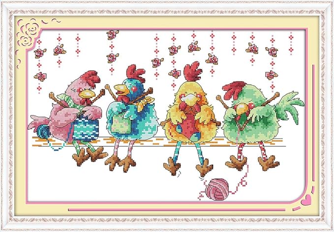 Stitchmelody Stamped Cross Stitch Kits for Adults,11CT Printed Pattern Embroidery Kit,DMC Threads Needlepoint Kits DIY Needlework Set-Four Knitting Chicken 20.5''X13.8''