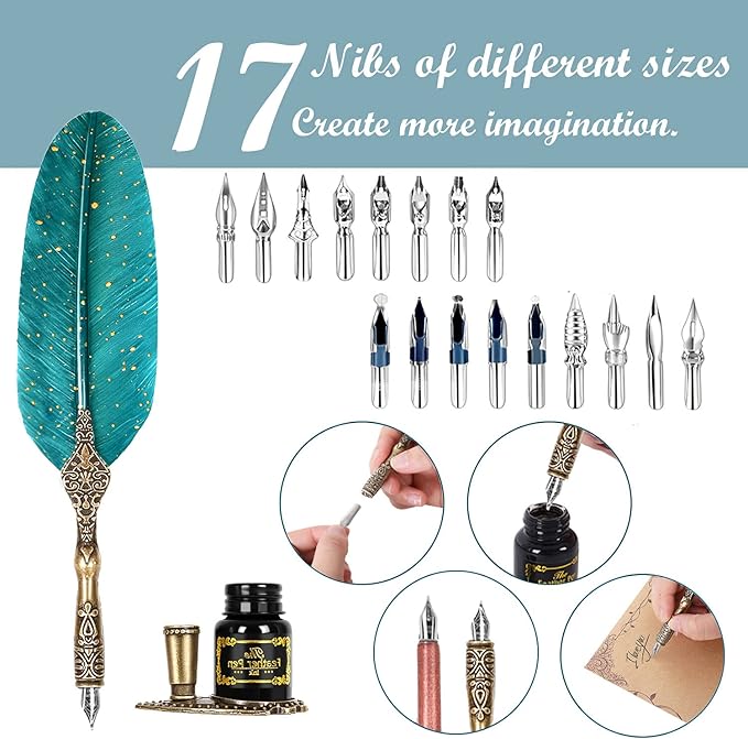 Feather Calligraphy Pen Ink Set, Includes Quill Pen and Wooden Dip Pen, Ink,17 Replacement Nib, Pen Base, 3 Wax Seal Sticks, Stamp, White Wax, Spoon, Envelope Letter Paper, Envelope Tool(Green)