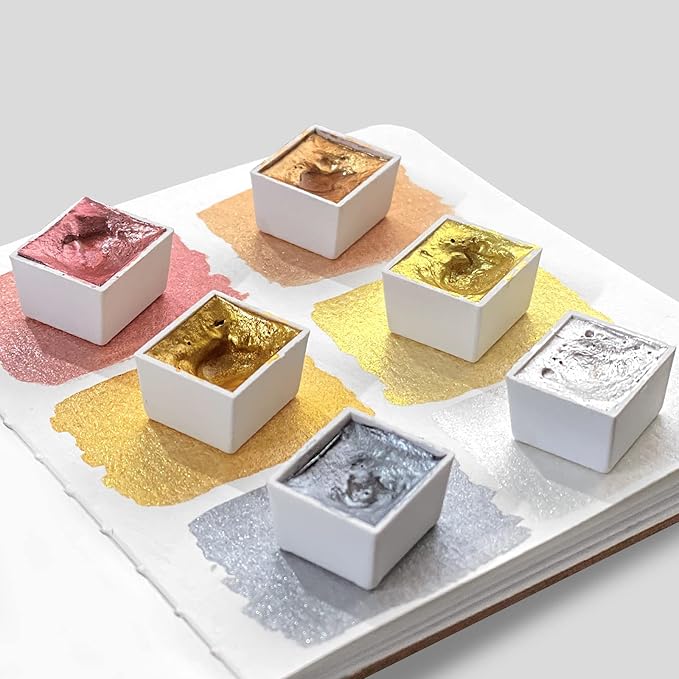 qianshan Mini Portable Handmade Artist Watercolor Paint Travel Tin Box Set with 6 Metallic Pearlescent Glitter Solid Watercolor Half Pans Sparkle Professional Watercolor.Gold