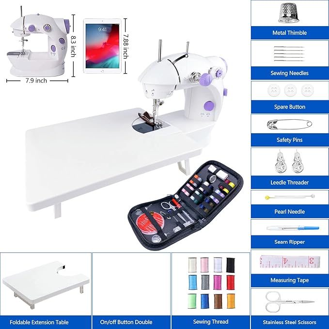 Flying Banana Mini Sewing Machine with Extension Table, Dual Speed Portable Electric Sewing Machine for Beginners, Small Household Mending Kit with Light, Foot Pedal, AC/Battery Operated, White
