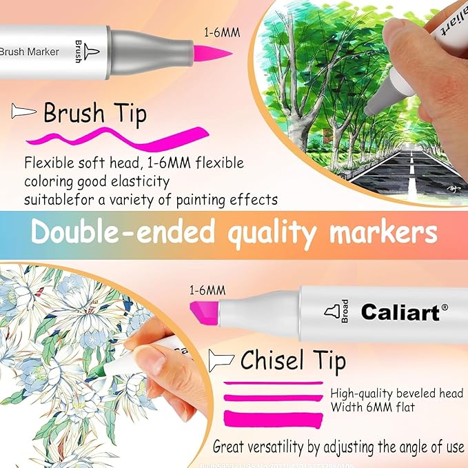 Caliart 61 Colors Pastel Alcohol Brush Markers, Art Marker Set Dual Tip Brush & Chisel, with Case Permanent Alcohol Based Colored Pens for Adults Coloring Book Artists Drawing Supplies Gifts