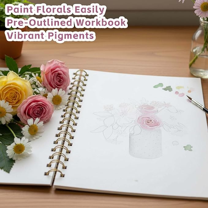 Watercolor Workbooks, Beginner Watercolor Painting Kit – 12 Colors Paint Set with Brush – Perfect for Gifting to Spark Creativity & Joy for Adults （Flower）