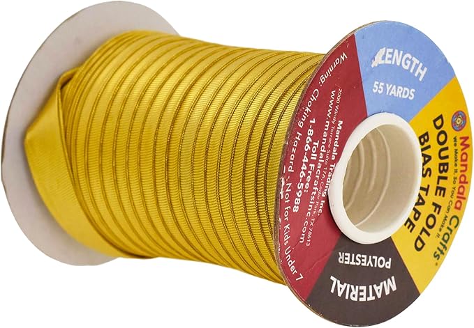 Mandala Crafts 55 Yards 1/2 Inch Metallic Gold Double Fold Bias Tape for Sewing - Bias Binding Tape for Quilting Binding, Hemming, Seam, and Fabric Piping