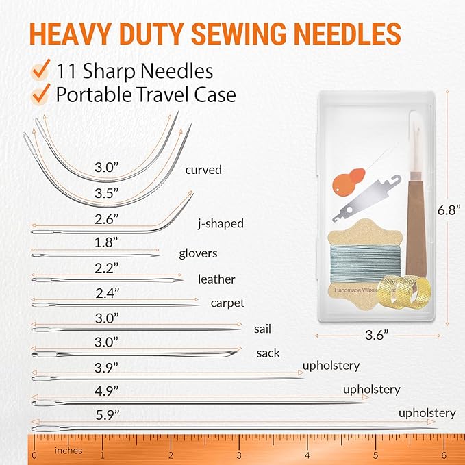 VONEEDL Upholstery Repair Kit: Waxed Sewing Thread (Gray Color) & Heavy Duty Needles (11 PCS) for Leather, Canvas & Quilting Thread