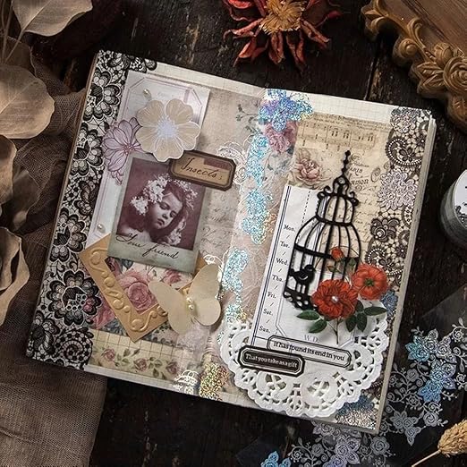 5 Rolls Washi Tape Lace Pattern Self-Adhesive Tape, White Black Floral Washi Silver Aesthetic Lace Tapes for Scrapbooking DIY Art Journaling Craft Gift Wrapping