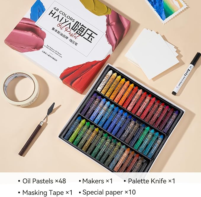 Paul Rubens Oil Pastel Set, Artist Oil Pastels, Oil Art Kit, Includes 48 Brightly Colored HAIYA Soft Oil Pastels + 1 Palette Knife+ 1 Roll of Masking Tape+ 1 Acrylic Marker + 10 Oil Pastel Paper