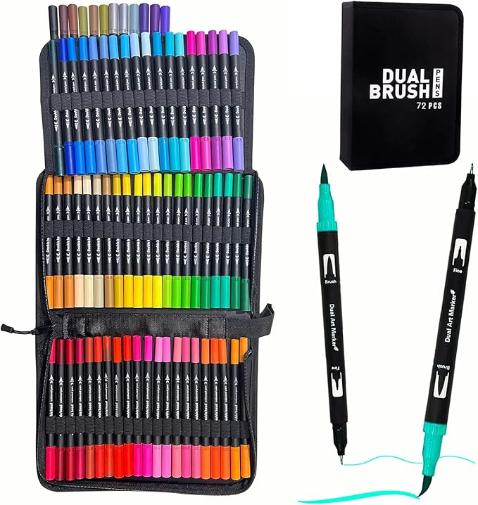 Dual Brush Marker Pens, 72 Colors Art Markers Set with Fine and Brush Tip Markers for Adult Coloring Books No Bleeding, Can Be Used for Note Taking Planner Hand Lettering Calligraphy