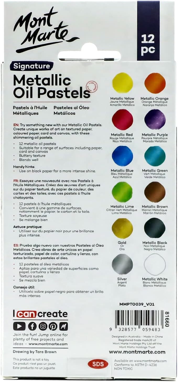 Mont Marte Metallic Oil Pastels Signature 12pc, Assorted Metallic Colors, Vibrant and Buttery, Versatile Art Pastels for Blending, Layering & Shading, Ideal for Art, Craft, Coloring and Sketching