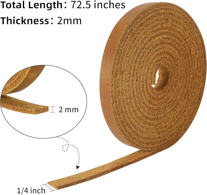 Ringsun 1/4 Inch Wide Flat Leather Strips for Crafts, Full Grain Leather Straps Cord String for Crafts, Tooling (2mm Thick 72.5 Inches Long Bourbon Brown)
