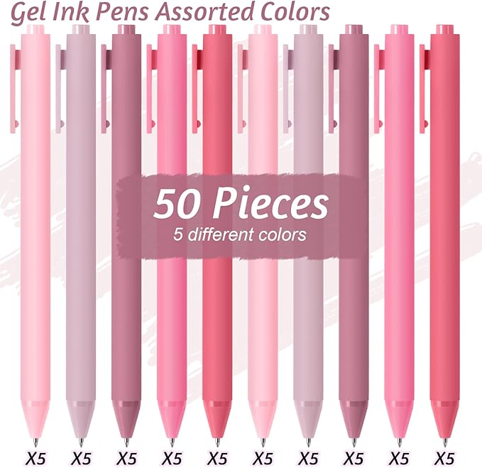 Crtiin 50 Pcs Gel Ink Pens Bulk, Black Ink 0.5mm Fine Point Retractable Pen Smooth Writing Office Supplies for Teacher Server Nurse Christmas Charity Donation Valentine (Light Pink)