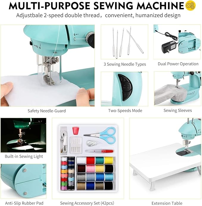 Magicfly Mini Sewing Machine with Extension Table, Dual Speed Portable Sewing Machine for Beginners with Light, Sewing Kit for Household Use, Blue