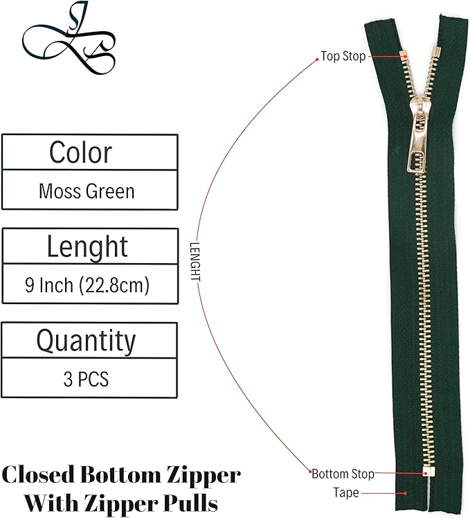 #5 Gold Metal Zipper - 50+ Colors - 3 PCS - (4-14 inches) Sizes - Luxury Lightweight Handcraft Metal Zippers with pulls for Purses Bags Pockets Shoes Sewing & Crafts DIY ZP02329