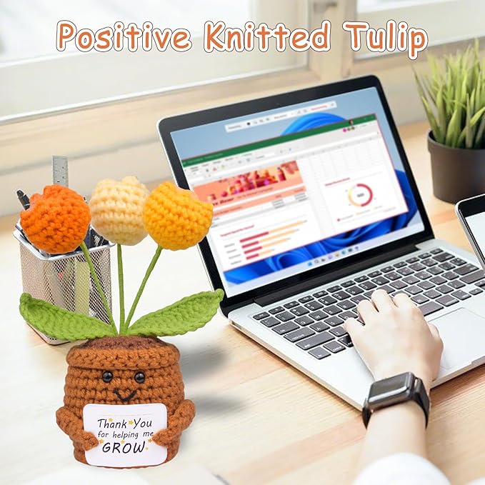 Positive Crochet Tulip Flower, Handmade Emotional Support Knitted Tulip Flowers Inspirational Gift for Women - Thank You, Appreciation, Positive Gift for Teacher, Mom, Friend, Coworker