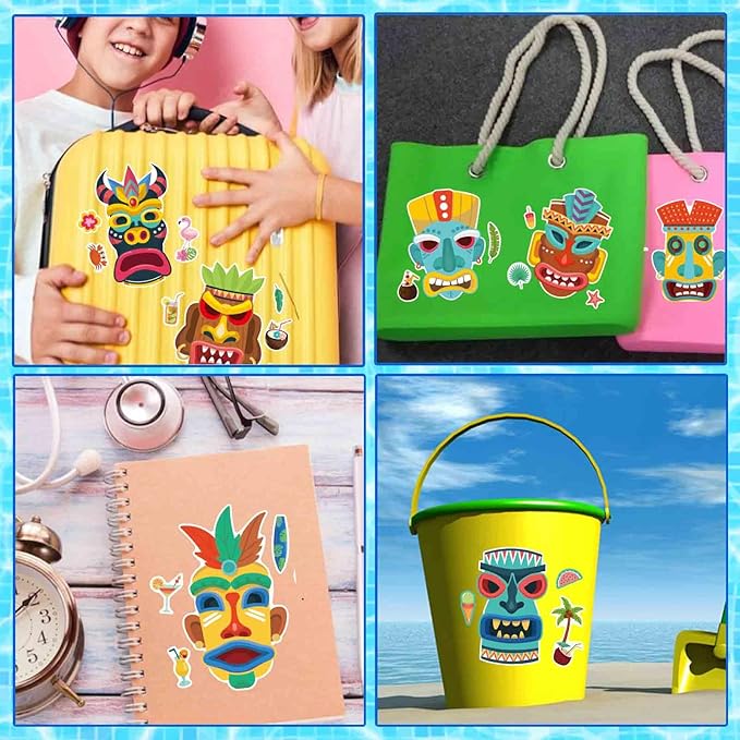 24 Sheets Tiki Make a Face Stickers, Tropical Hawaiian Stickers for Kids Summer Luau Party Favors Decoration
