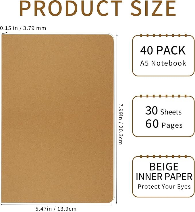 40 Pack A5 Blank Notebooks Bulk, 8 x 5.5 Inches Unlined Paper Subject Sketchbooks for Drawing Writing Work Journal Travel - 60 Pages