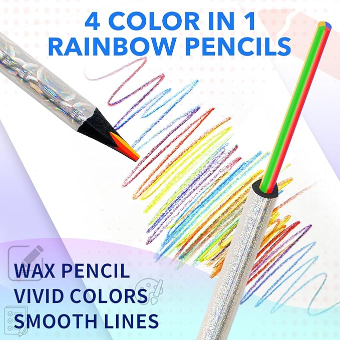 ThEast 10 Rainbow Colored Pencils, 4 Colors in 1 Rainbow Pencil for Adults, Multicolor Triangle Pencil for Party Bags, Glitter Art Supplies, Pre-sharpened