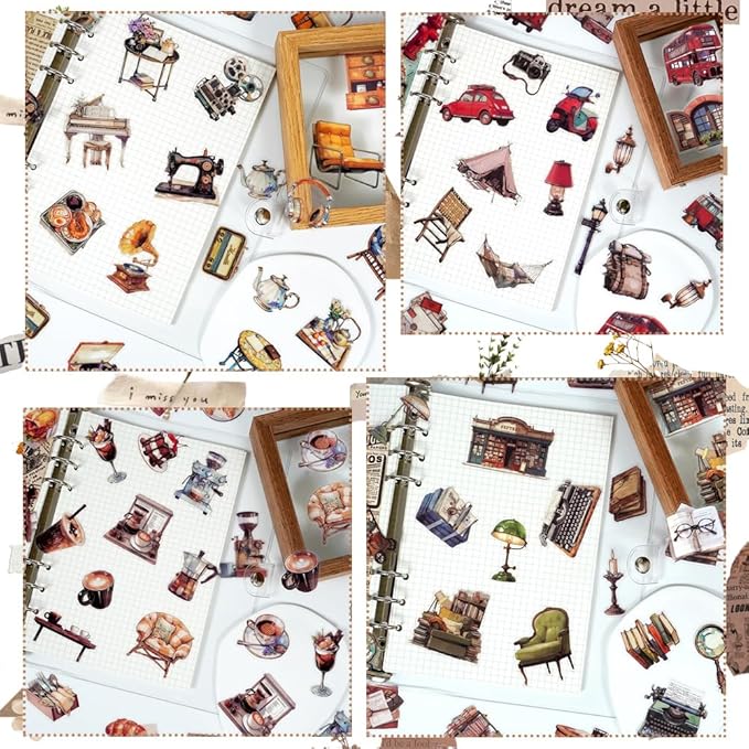160 PCS Vintage Stickers, Retro Aesthetic Decals Set, PET Clear Waterproof Resin Stickers, Travel Foods Books Past Things Stickers for Scrapbook Diary Bottle Journals Laptop Crafts Planners