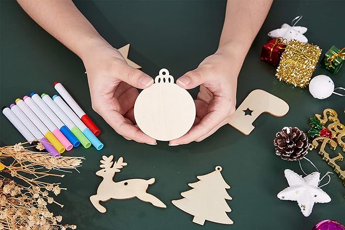 Artmag 50pcs Unfinished Wooden Hanging Ornaments for Christmas Decorations,5 Styles DIY Wood Slices with Holes for Crafts Centerpieces Holiday Hanging Decorations