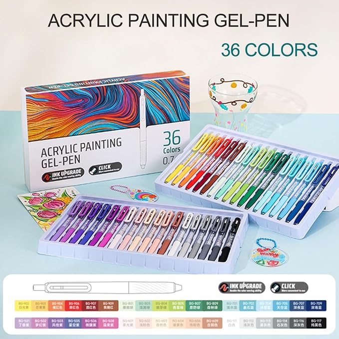 36 Colors Acrylic Gel Pens for Adult Coloring Books, 0.7mm Fine Tip Pens Marker with Press Design, Quick Dry Gel Pen for Paper, Canvas, Rock, Glass, Wood