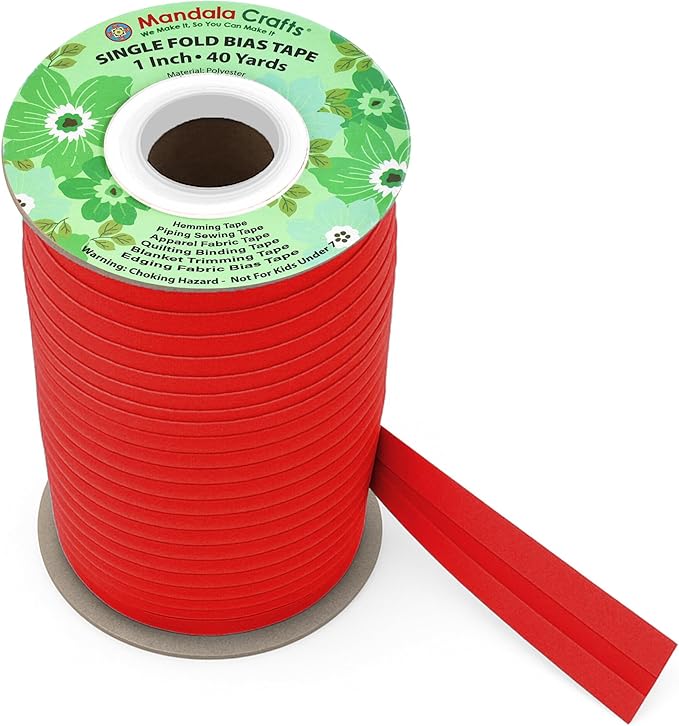 Mandala Crafts 1 Inch Single Fold Bias Tape for Sewing, Quilting, Piping, Hemming, Blanket & Quilt Binding – 40 Yards Red Fabric Seam Binding Tape