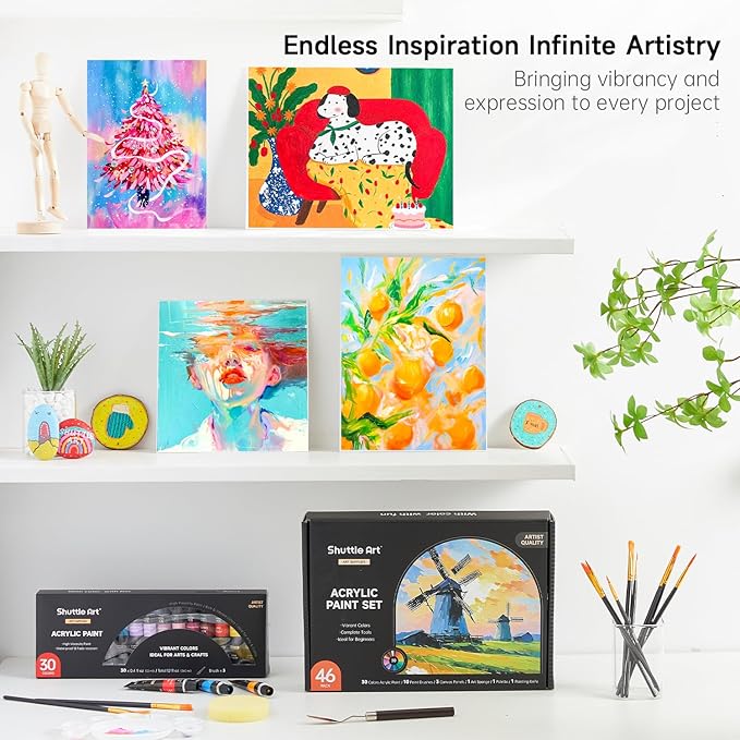 Shuttle Art 46 Pack Acrylic Paint Set, 30 Colors Acrylic Paint with 10 Brushes 3 Canvas 1 Knife Palette Sponge, Complete Painting Set for Kids, Adults, Beginners, Painting Wood, Ceramic