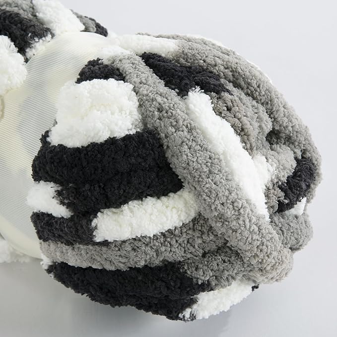 HOMBYS 12 Pack Giant Chunky Yarn for Crocheting & Knitting, Super Bulky Soft Fluffy Tie Dye Plush Fuzzy Mixed Color Thick Chenille Yarn (Black, White, Grey)