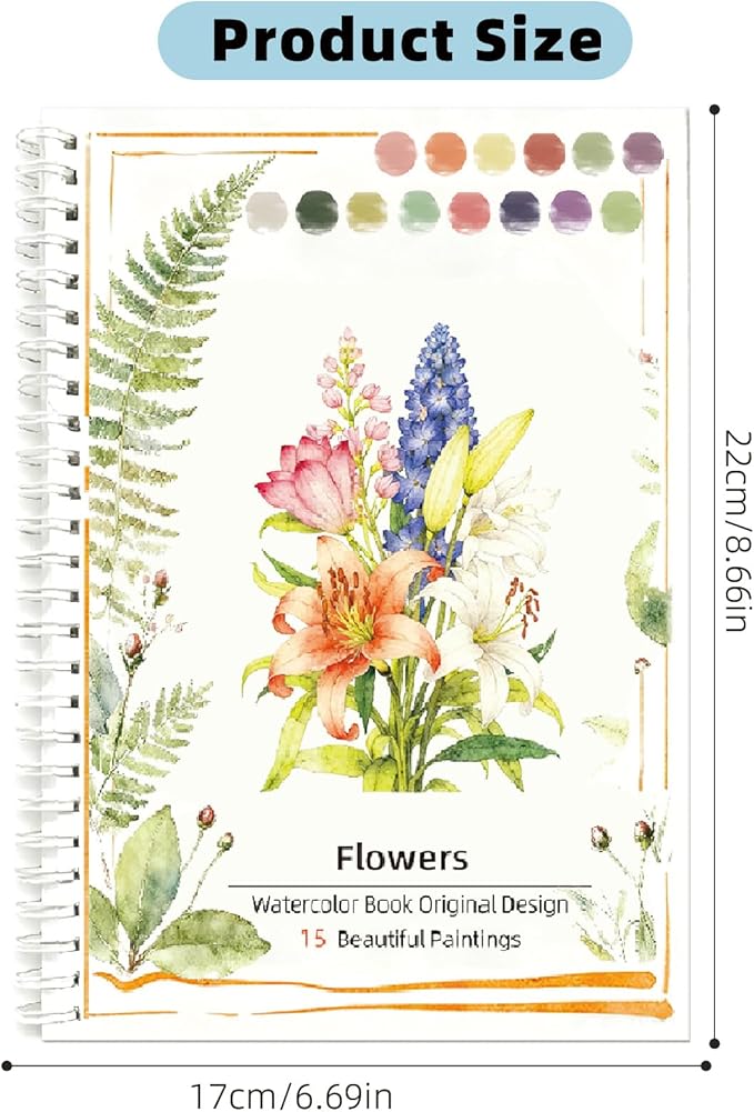 Watercolor Workbook, 15 Different Patterns of Original DIY Paintings for Water Color Book, 8.7 * 6.7inch, Water Coloring Book for Beginners Adults (Without Palette, Flowers)