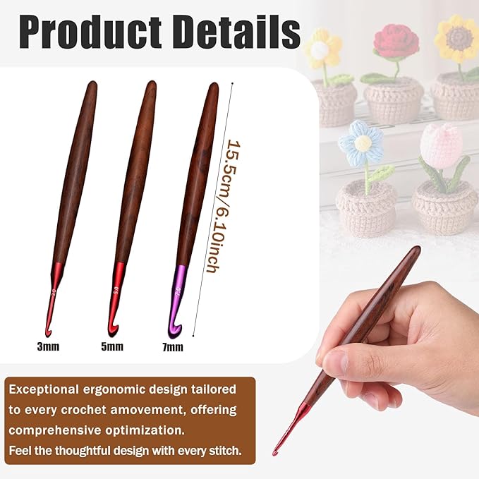 Giwrmu 3 Pcs Crochet Hooks, 3.0mm/5.0mm/7.0mm Ergonomic Crochet Hook, Colored Aluminum Crochet Hook with Wooden Handle Crochet Needle for Crocheting Yarn