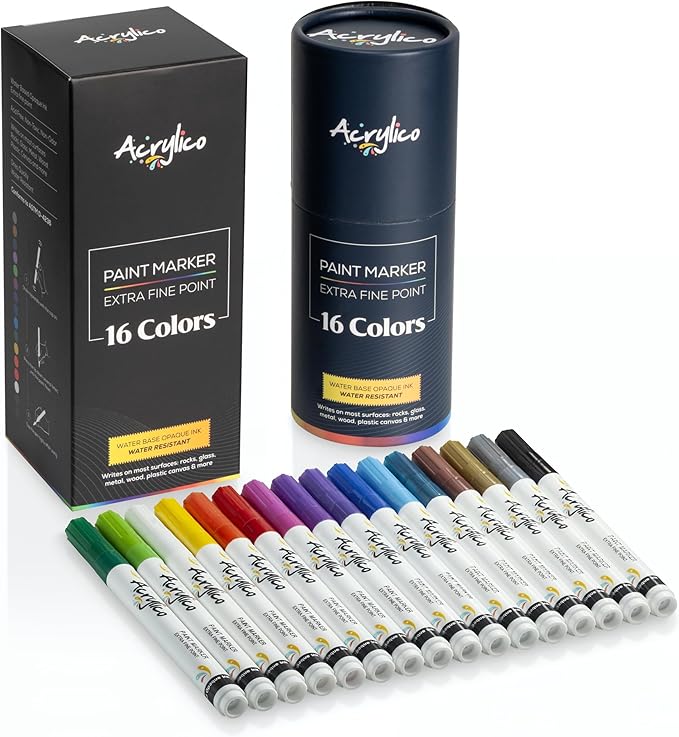 Acrylic Paint Markers Set of 16 Paint Pens – Fine Tip for Fabric, Rock, Metal, Ceramic, Adult Coloring & Art Projects – Art Supplies for Kids & Adults