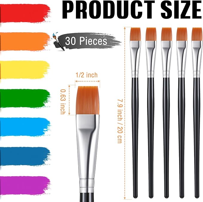 Zonon 30 Pieces Paint Brushes Bulk Small Flat Top Acrylic Oil Paint Brush for Artists Mini Touch up Crafts Detail Painting(1/2 Inch,Black)