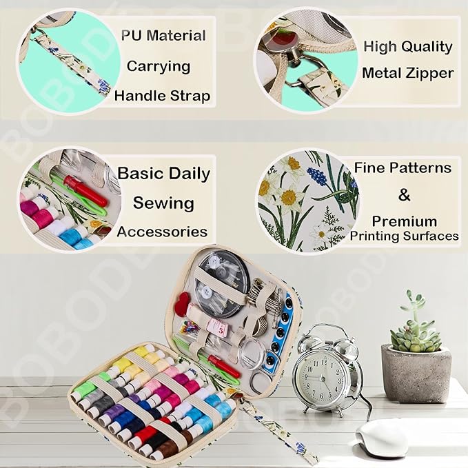 Printing Sewing Kit Bluebell Pattern Sewing Set Travel Sewing Supplies with Zipper Sewing Kit Case, 87 PCS Professional Sewing Accessory for Emergency, Home