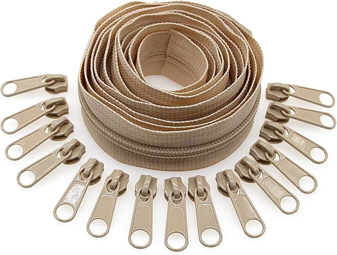 Leekayer #5 Beige Nylon Coil Zippers by The Yards Bulk 10 Yards with 25pcs Sliders for DIY Tailor Sewing Craft,Bag,Luggage,Dress,Sofa Cushion,Pillow(Beige)