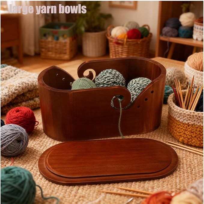 Large Oval Wooden Yarn Bowl Set – Portable Crochet Bowl with 9 Knitting Hooks + 5 Hooks + Yarn Ball, Complete Holiday Gift for Beginners & Enthusiasts Mother's Day gift