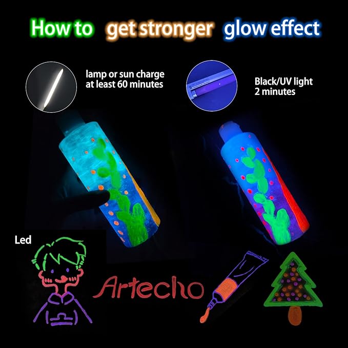 Artecho Glow in the Dark Paint 6 Colors, 120 ml / 4 oz Acrylic Paint for Decoration, Art Painting, Outdoor and Indoor Art Craft, Supplies for Canvas, Rock, Wood, Waterproof Rich Pigments