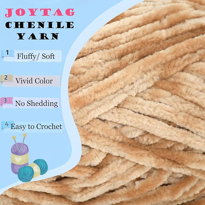 Velvet Chenille Yarn for Crocheting & Knitting - Soft, Plush, Thick Bulky Chunky - Light Khaki - 100g