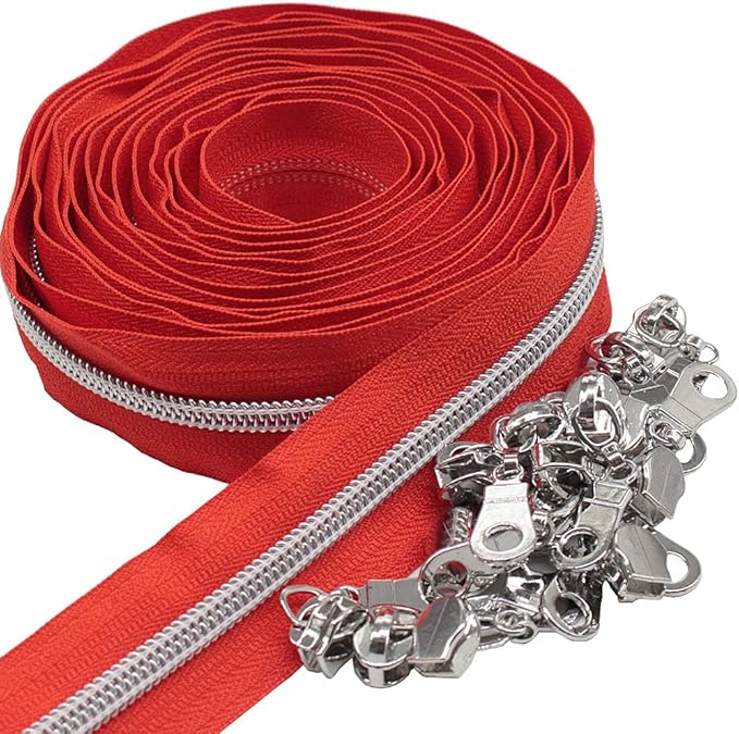 MebuZip #5 Silver Metallic Nylon Coil Zippers by The Yard Bulk Coil Zipper Roll 10 Yards with 25pcs Pulls for DIY Sewing Craft Bags (Red)