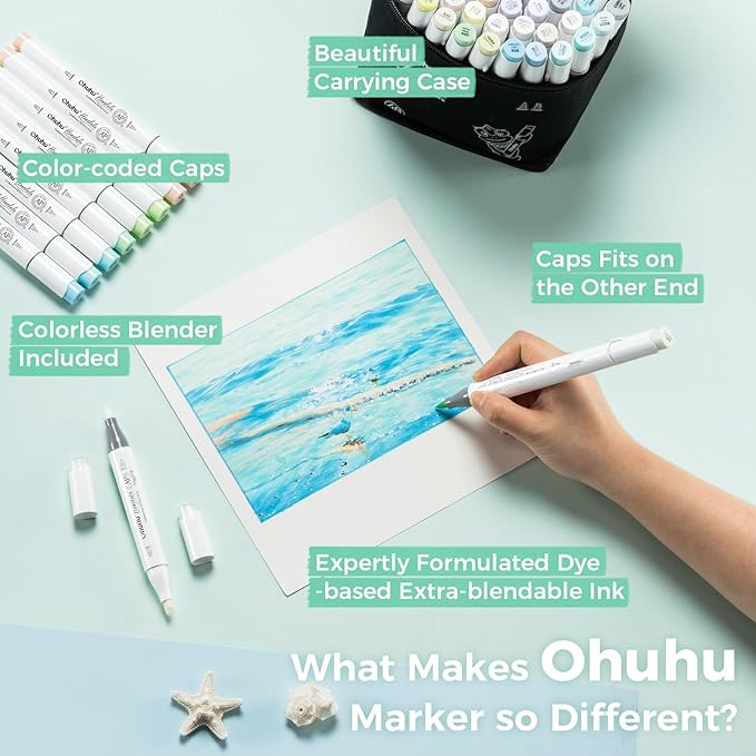 Ohuhu Pastel Alcohol Brush Markers- 48 Colors of Honolulu Blossoming- Alcohol Based Double Tipped Art Marker Set for Artist Adults Coloring Illustration- Brush & Chisel - Refillable - AP Certificated