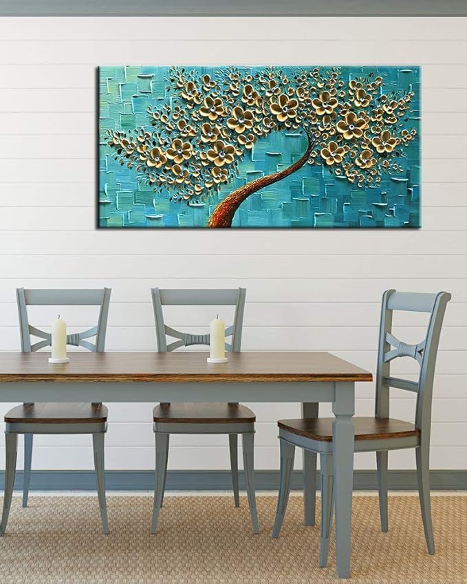 YaSheng Art - Handmade Golden Flowers Artwork Oil Painting On Canvas Texture Palette Knife Abstract Tree Canvas Wall Art Modern Home for Bedroom Living Room Office Wall Decor 24x48inch