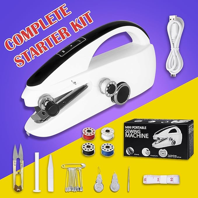 Handheld Sewing Machine Cordless – Portable Mini Handheld Sewer, Pocket Sewing Machine for Quick Repairs, Handy Stitch, Travel Stitch Sew Quick, Home & DIY Fabric (White-black)