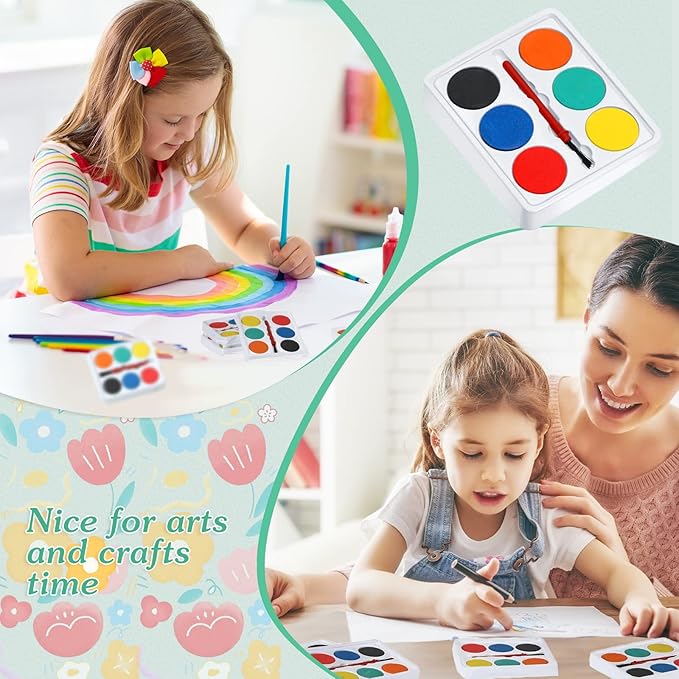 Outus 144 Pcs Watercolor Paint Set Bulk Mini Paint Set Washable Watercolor Palette with Painting Brushes for Art Party Supplies Prizes Stocking Stuffers, 3.3 x 2.6 Inch(6 Colors)