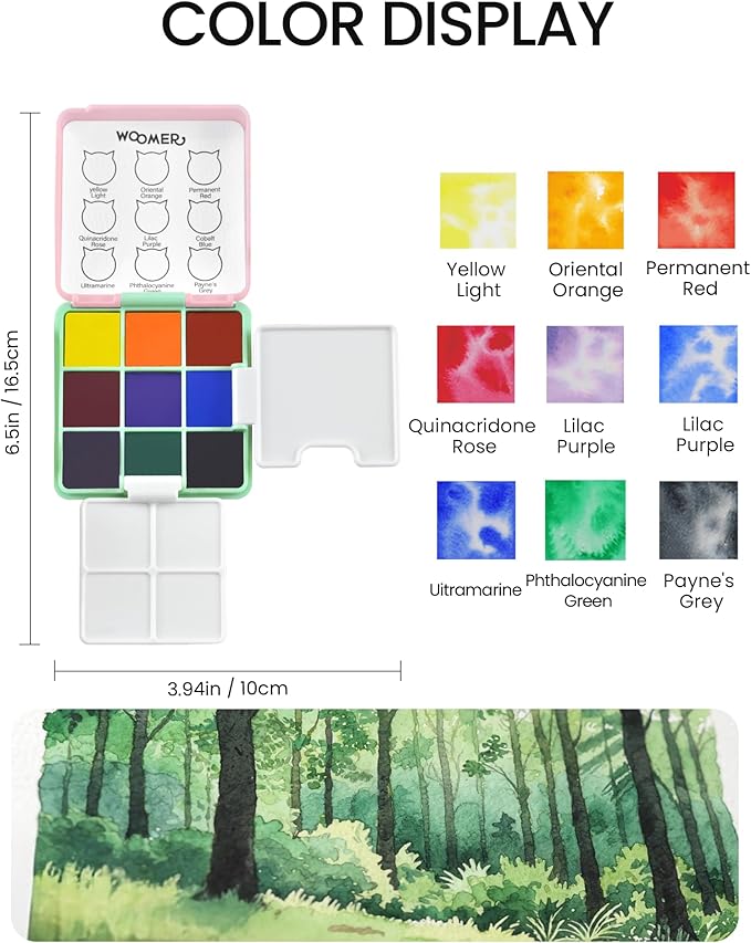 Woomer Watercolor Paint Set, 9 Vivid Colors Travel Watercolor Paint with 2 Foldable Palettes, Wash Cup, Perfect Water Color Set for Beginner Enthusiast Pro Gift