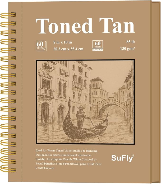 SuFly Toned Tan Paper Sketchbook, 5.5x8.5 Inches, 60 Sheets - 90lb/150gsm Tan Drawing Paper for Mixed Media, Charcoal, Graphite, Colored Pencils & White Gel Pens, 100% Recycled, Wire-O Bound.