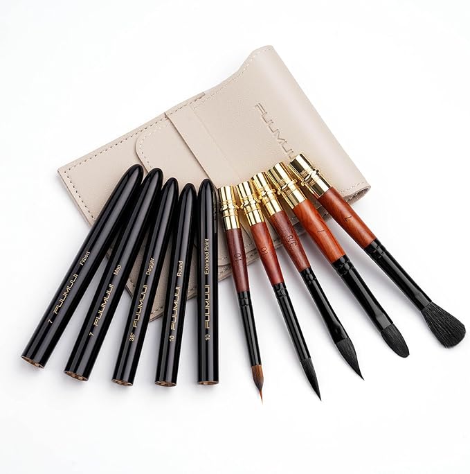 Fuumuui Travel Watercolor Brushes, 5Pcs Professional Plein Air Elegant Natural Squirrel Hair Travel Paint Brush Set with Sable Extended Needle Point Perfect for Watercolor Gouache Ink Painting