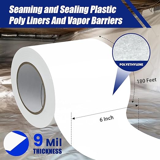 4 Roll, White Vapor Barrier Tape, 6" Wide x 180' Long, PE 9 mm Polyethylene Tape, for Crawlspaces, Underlayment Seams, Metal Building Seams, Excellent Air Barrier, Insulation Repairs